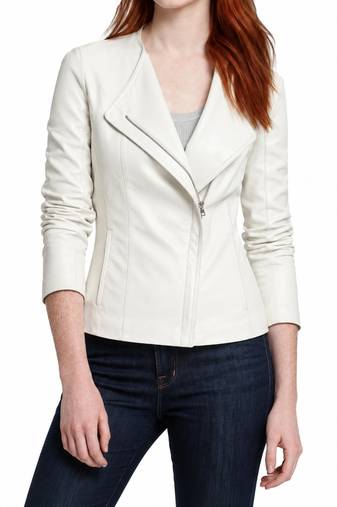 Women's white asymmetrical lambskin leather casual jacket