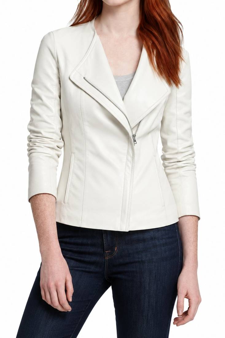 Women's white asymmetrical lambskin leather casual jacket