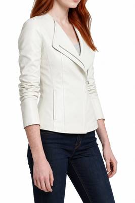 Women's white asymmetrical lambskin leather casual jacket 2