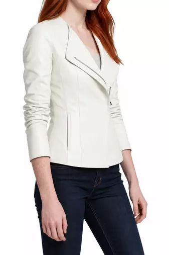 Women's white asymmetrical lambskin leather casual jacket