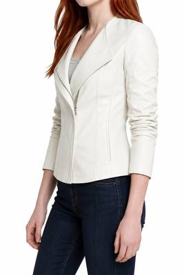 Women's white asymmetrical lambskin leather casual jacket 3