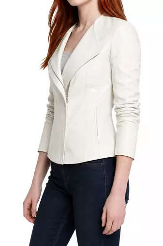 Women's white asymmetrical lambskin leather casual jacket