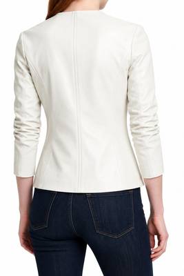 Women's white asymmetrical lambskin leather casual jacket 4