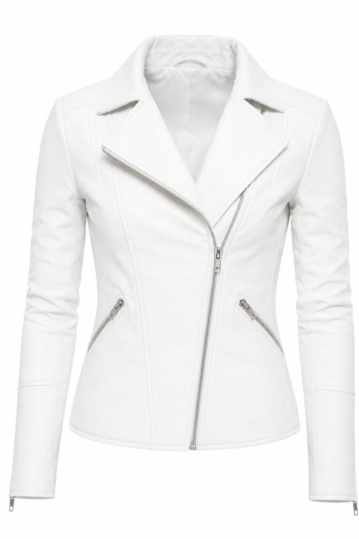 Women's white asymmetric lambskin leather biker jacket