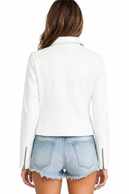 Women's white real lambskin cropped moto leather jacket 2