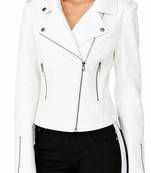 Women's white belted biker leather jacket real genuine lambskin