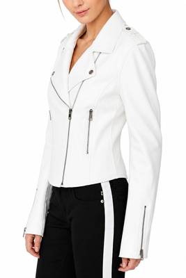 Women's white belted biker leather jacket real genuine lambskin 2