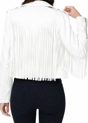 Women's white fringe style lambskin leather jacket 2