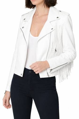 Women's white fringe style lambskin leather jacket