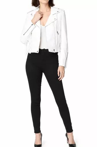 Women's white fringe style lambskin leather jacket