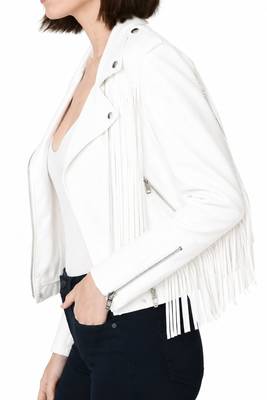 Women's white fringe style lambskin leather jacket 4
