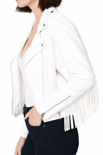 Women's white fringe style lambskin leather jacket