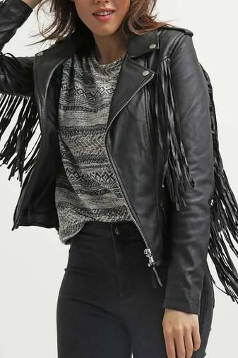 Women's real lambskin black fringe biker leather jacket