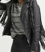 Women's real lambskin black fringe biker leather jacket