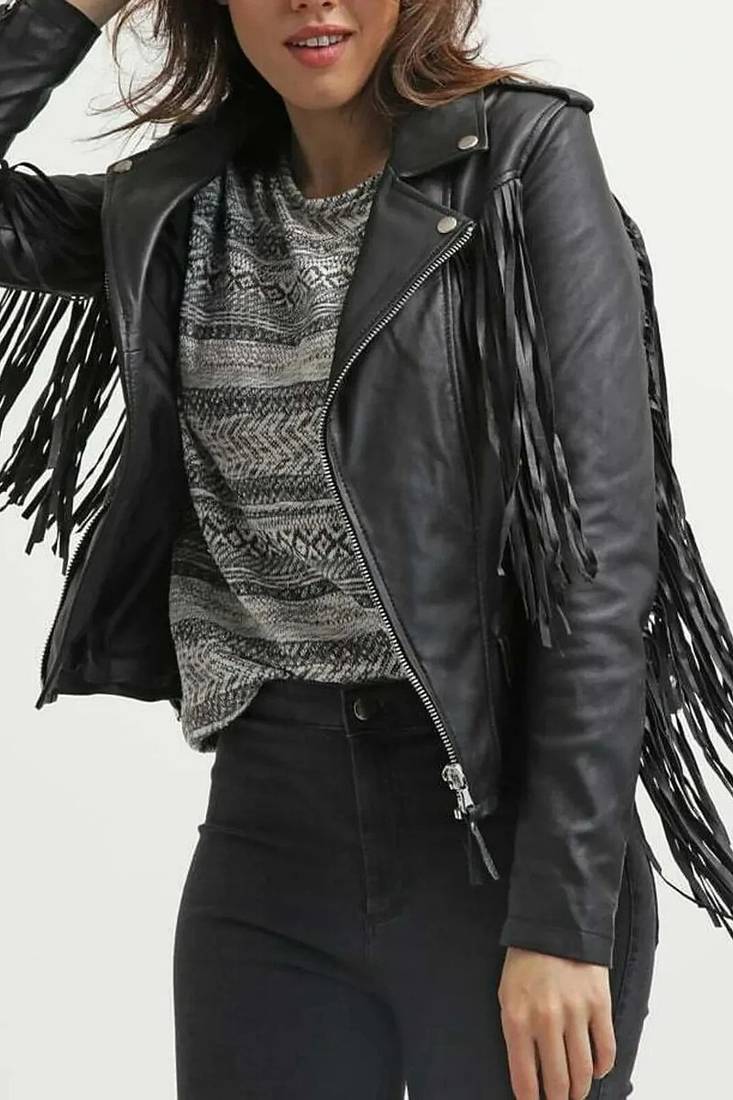 Women's real lambskin black fringe biker leather jacket