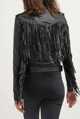 Women's real lambskin black fringe biker leather jacket 2