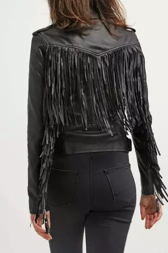 Women's real lambskin black fringe biker leather jacket