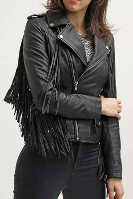 Women's real lambskin black fringe biker leather jacket 3