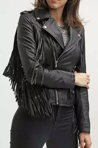 Women's real lambskin black fringe biker leather jacket