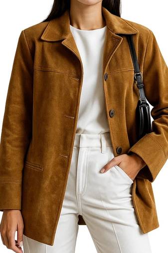 Women's brown genuine soft suede leather button coat jacket