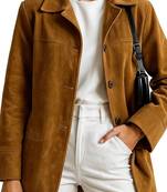 Women's brown genuine soft suede leather button coat jacket