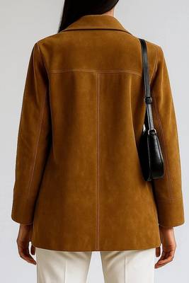 Women's brown genuine soft suede leather button coat jacket 2