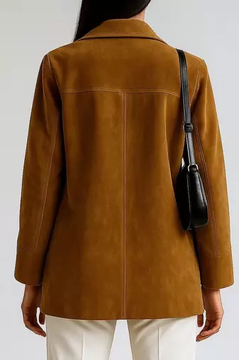 Women's brown genuine soft suede leather button coat jacket