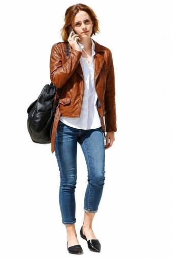 Women's brown classic real genuine lambskin leather biker jacket