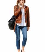 Women's brown classic real genuine lambskin leather biker jacket