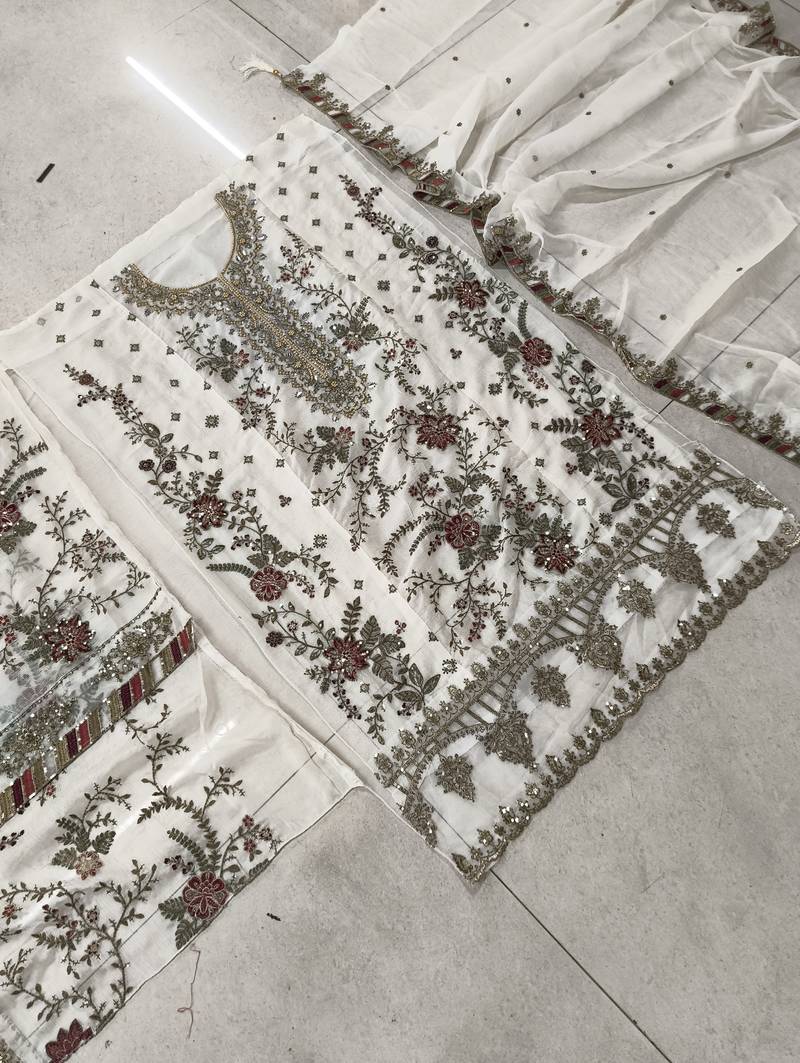 WHITE CHIFFON SALWAR SUIT COLLECTION SEMI STTICHED MATERIAL
