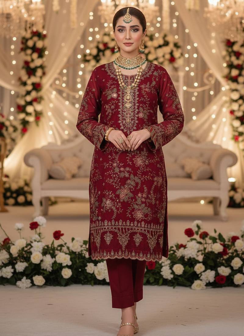 MAROON CHIFFON SALWAR SUIT COLLECTION SEMI STTICHED MATERIAL