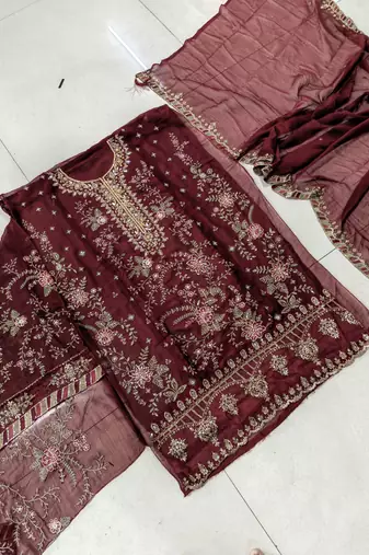 MAROON CHIFFON SALWAR SUIT COLLECTION SEMI STTICHED MATERIAL