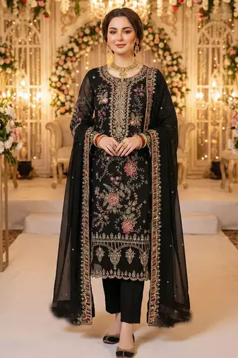 BLACK CHIFFON SALWAR SUIT COLLECTION SEMI STTICHED MATERIAL
