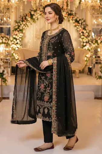 BLACK CHIFFON SALWAR SUIT COLLECTION SEMI STTICHED MATERIAL
