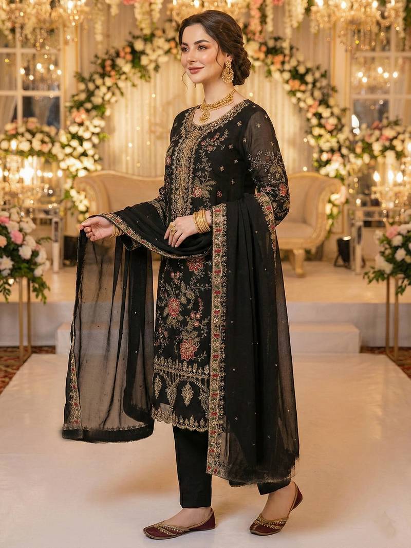 BLACK CHIFFON SALWAR SUIT COLLECTION SEMI STTICHED MATERIAL