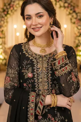 BLACK CHIFFON SALWAR SUIT COLLECTION SEMI STTICHED MATERIAL
