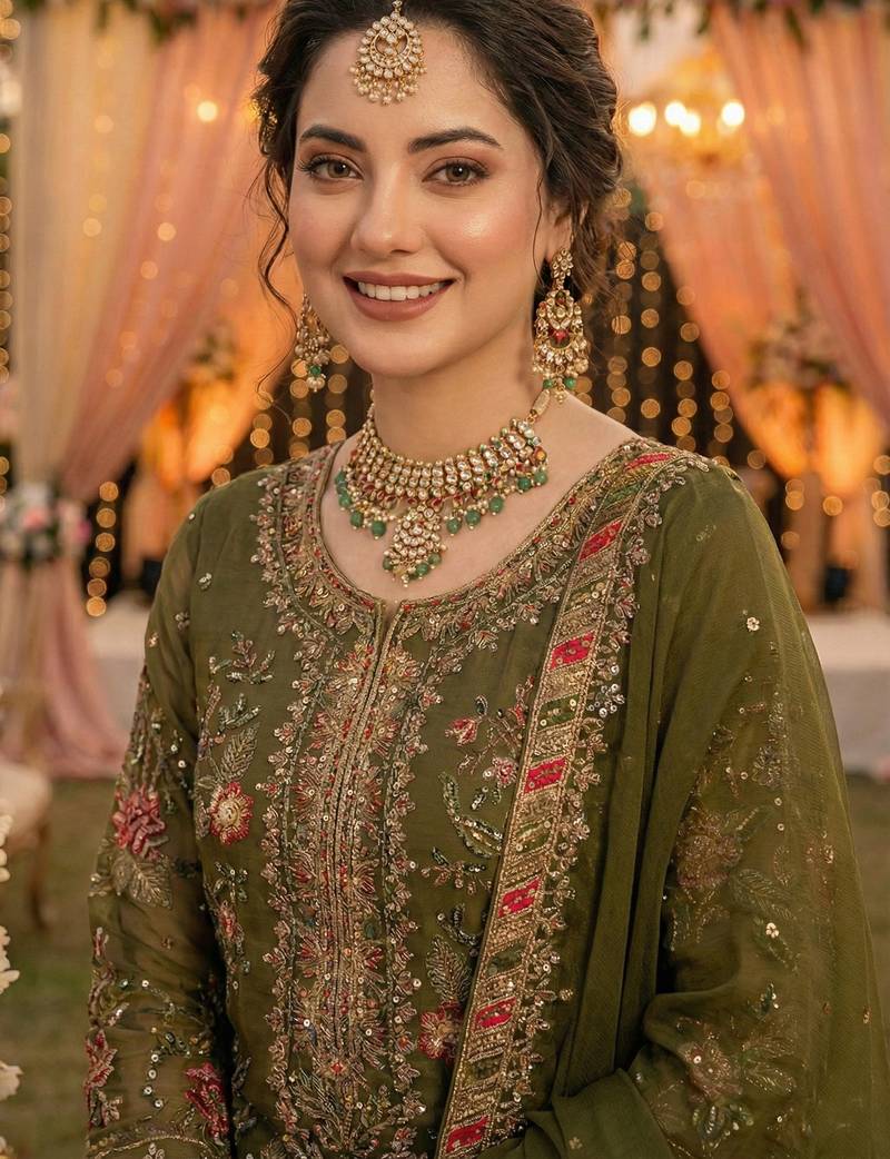 GREEN CHIFFON SALWAR SUIT COLLECTION SEMI STTICHED MATERIAL