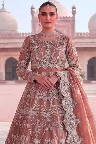 TWILL NET PEACH ANARKALI SALWAR SUIT COLLECTION SEMI STTICHED MATERIAL