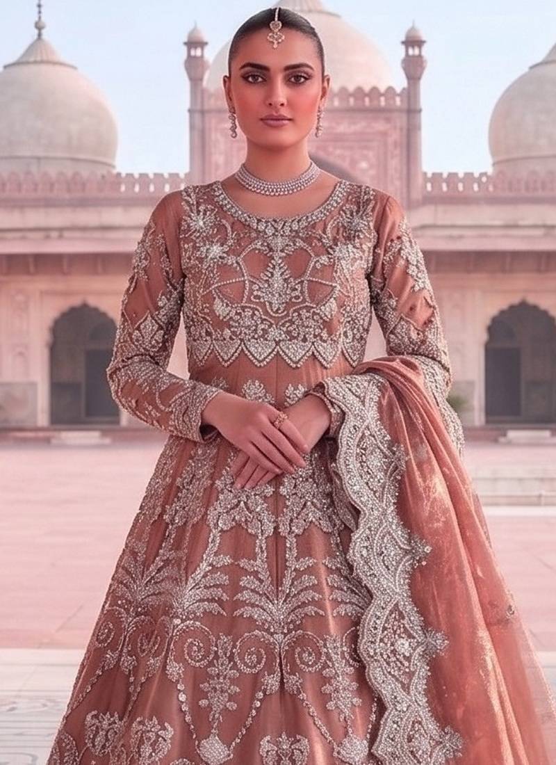 TWILL NET PEACH ANARKALI SALWAR SUIT COLLECTION SEMI STTICHED MATERIAL