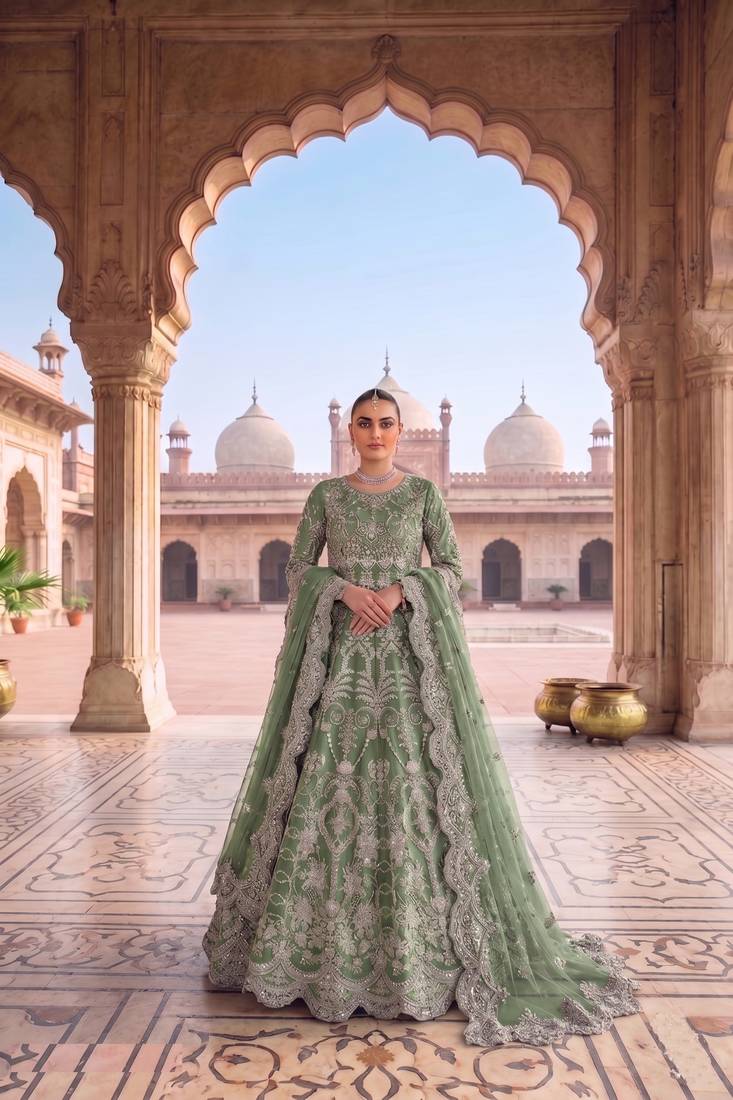 TWILL NET PISTA GREEN ANARKALI SALWAR SUIT COLLECTION SEMI STTICHED MATERIAL