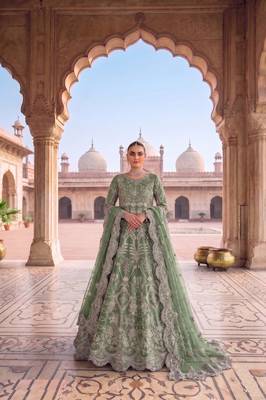 TWILL NET PISTA GREEN ANARKALI SALWAR SUIT COLLECTION SEMI STTICHED MATERIAL 1
