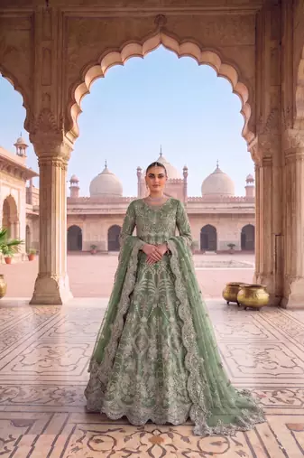 TWILL NET PISTA GREEN ANARKALI SALWAR SUIT COLLECTION SEMI STTICHED MATERIAL