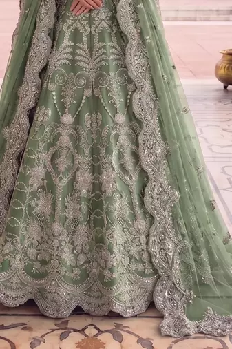 TWILL NET PISTA GREEN ANARKALI SALWAR SUIT COLLECTION SEMI STTICHED MATERIAL