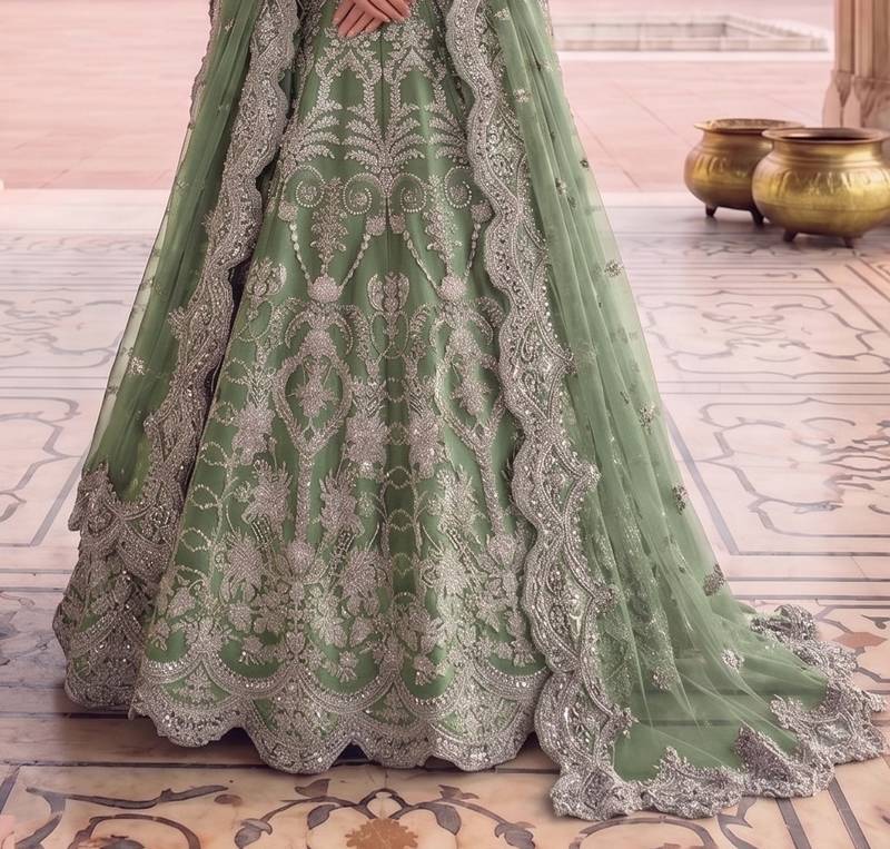 TWILL NET PISTA GREEN ANARKALI SALWAR SUIT COLLECTION SEMI STTICHED MATERIAL