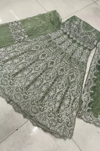 TWILL NET PISTA GREEN ANARKALI SALWAR SUIT COLLECTION SEMI STTICHED MATERIAL