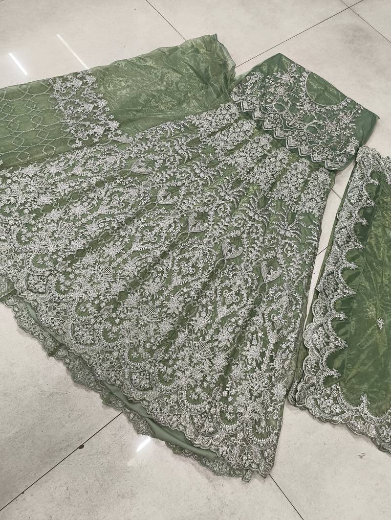 TWILL NET PISTA GREEN ANARKALI SALWAR SUIT COLLECTION SEMI STTICHED MATERIAL