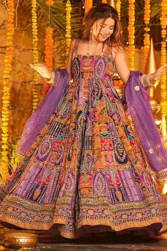 Light purple crepe silk position print party wear embroidery anarkali suit set