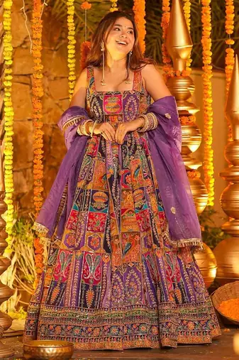 Light purple crepe silk position print party wear embroidery anarkali suit set