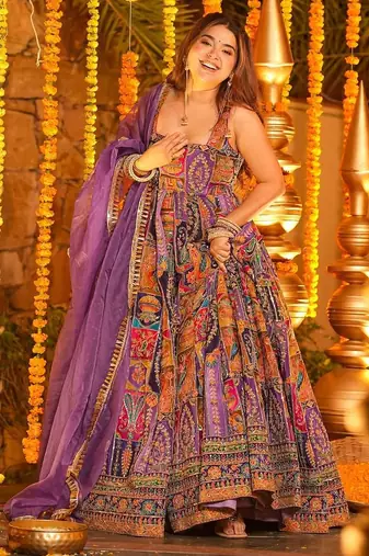 Light purple crepe silk position print party wear embroidery anarkali suit set