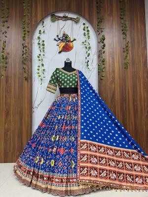 Blue Color digital print,Real Miiror Work With Reniya Cuting border With Drawstring With latkan Cotton Lahenga Choli Set 1